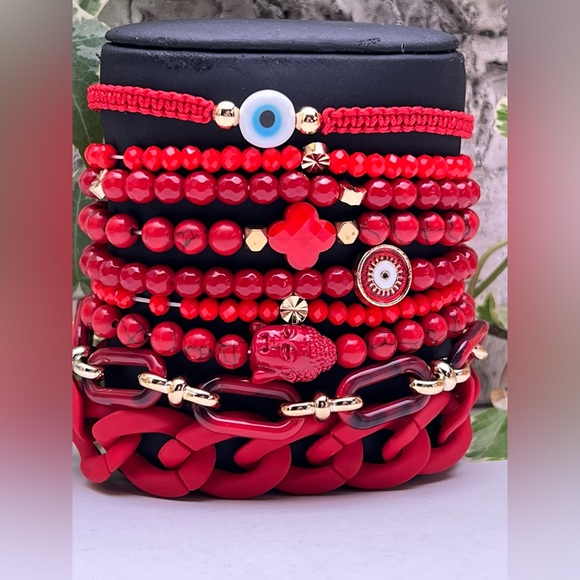 Evening Red Trendy Beaded Bracelet Set - Stylish Fashionable Bead Bracelets - Picture 1 of 15